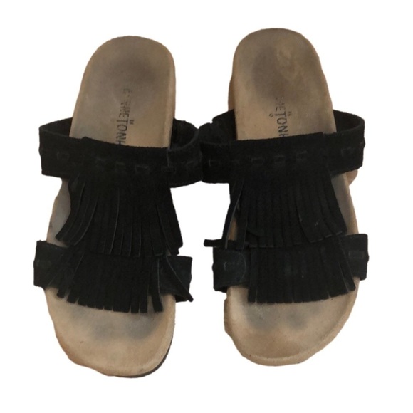 MINNETONKA sueded leather slide sandals two layer fringe black. Size 7 - Picture 1 of 8